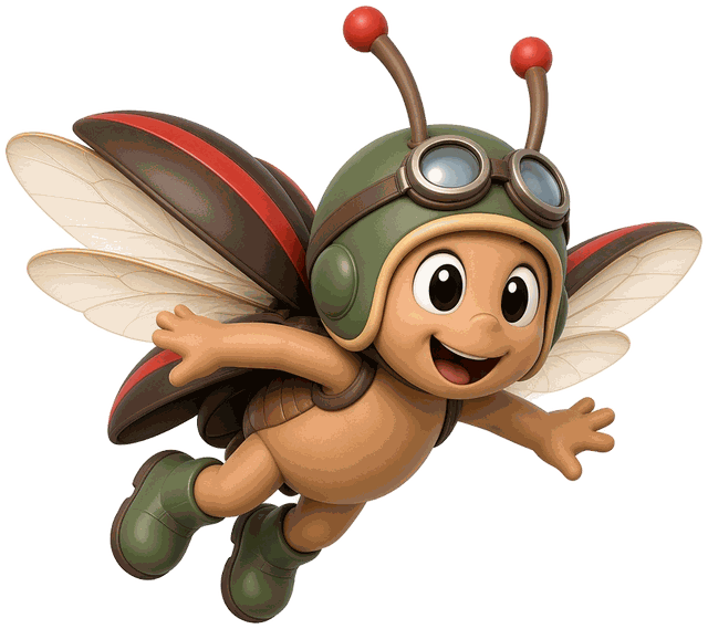 Billy Bob the Beetle Bug flying and smiling